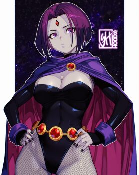 1girl artist_name black_leotard black_nails breasts cape cleavage closed_mouth commentary dc_comics forehead_jewel hands_on_own_hips highres large_breasts leotard looking_at_viewer purple_cape purple_eyes purple_hair purple_wrist_cuffs raven_(dc) simple_background skaggshood solo star_(sky) starry_sky_background teen_titans wrist_cuffs