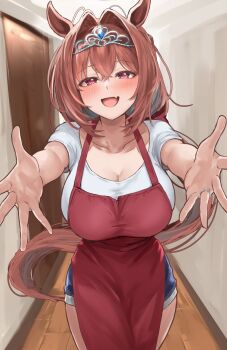 1girl :d animal_ears apron blue_shorts breasts brown_hair cleavage cowboy_shot daiwa_scarlet_(umamusume) double-parted_bangs fang hair_between_eyes hair_intakes head_tilt highres horse_ears horse_girl indoors large_breasts long_hair open_mouth outstretched_arms reaching reaching_towards_viewer red_apron red_eyes sg_(esujii) shorts skin_fang sky smile solo standing tiara umamusume white_sky