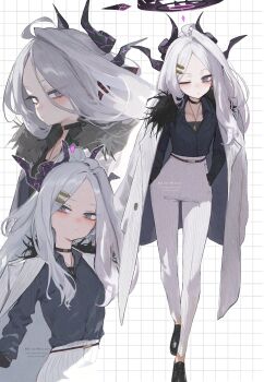 Rule 34 | 1girl, absurdres, ahoge, alternate costume, amenatsu, blue archive, breasts, choker, coat, collared shirt, demon girl, demon horns, demon wings, fur-trimmed coat, fur trim, grey shirt, grid background, hair ornament, hairclip, halo, highres, hina (blue archive), horns, jewelry, long hair, looking at viewer, multiple views, necklace, one eye closed, open clothes, open coat, pants, parted bangs, shirt, small breasts, solo, very long hair, white background, white coat, white hair, white pants, wings