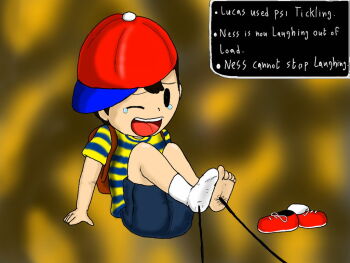 bare_legs barefoot black_hair blush child feet hat laughing legs mother_(series) mother_2 ness_(mother_2) nintendo playing red_hat shirt shoes shorts shota sitting socks soles super_smash_bros. tears tickling tickling_feet toes white_socks yellow_shirt