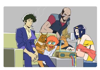 Rule 34 | 2girls, androgynous, bike shorts, black hair, blush stickers, cigarette, cowboy bebop, dark-skinned female, dark skin, dog, edward wong hau pepelu tivrusky iv, ein (cowboy bebop), facial hair, faye valentine, goggles, hairband, highres, jet black, multiple boys, multiple girls, nozaki atsuko, open mouth, purple hair, shirt, short hair, sitting, smile, smoking, spike spiegel