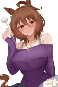 1girl 1other absurdres agnes_tachyon_(casual)_(umamusume) agnes_tachyon_(umamusume) ahoge animal_ears bare_shoulders blush bra_strap breasts brown_hair casual chemical_structure closed_mouth collarbone commentary earrings english_commentary grey_hair hair_between_eyes highres holding holding_syringe horse_ears horse_girl horse_tail huge_ahoge jewelry large_breasts long_sleeves medium_hair mimikaki necklace off-shoulder_shirt off-shoulder_sweater off_shoulder purple_shirt purple_sweater red_eyes shirt short_hair single_earring smile solo_focus sweater syringe t-head_trainer_(umamusume) tail trainer_(umamusume) umamusume xkittyzx