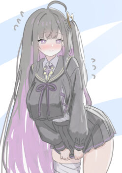 1girl absurdres ahoge black_hair black_sailor_collar black_shirt black_skirt breasts chitose_(stella_sora) colored_inner_hair gallve highres large_breasts long_hair multicolored_hair pleated_skirt purple_eyes purple_hair sailor_collar shirt side_ponytail skirt solo stella_sora