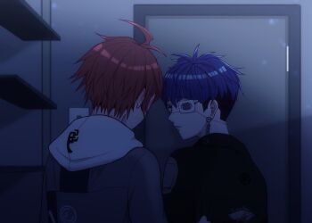 2boys ahoge black_haori blue_eyes blue_hair bun250402 door earrings eyepatch face_piercing from_behind grey_jacket haori hood hoodie indoors jacket japanese_clothes jewelry light_switch looking_back male_focus multiple_boys omokage_yugamu parted_lips piercing red_hair short_hair sumino_takumi the_hundred_line_-last_defense_academy- upper_body white_hoodie
