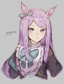 1girl animal_ears aqua_bow blush bow ear_bow ear_ribbon frilled_jacket frills highres horse_ears horse_girl horseshoe_ornament jacket long_hair long_sleeves looking_at_viewer mejiro_mcqueen_(frontline_elegance)_(umamusume) mejiro_mcqueen_(umamusume) purple_eyes purple_hair purple_shirt sailor_collar sailor_shirt shirt swept_bangs umamusume yayamarublog