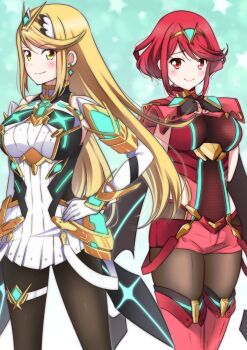 2girls arm_at_side backless_outfit bare_shoulders black_pantyhose blonde_hair blush bob_cut breasts chest_jewel core_crystal_(xenoblade) dress earrings elbow_gloves fingerless_gloves floating_earrings gloves hand_on_own_hip hands_on_own_chest highres impossible_clothes jewelry large_breasts long_hair microdress multiple_girls mythra_(massive_melee)_(xenoblade) mythra_(xenoblade) neon_trim nintendo pantyhose pantyhose_under_shorts pyra_(xenoblade) red_eyes red_hair red_shorts short_hair short_sleeves shorts smile super_smash_bros. suspenders swept_bangs thigh_strap thighhighs thighhighs_over_pantyhose tiara very_long_hair white_dress white_gloves xenoblade_chronicles_(series) xenoblade_chronicles_2 yellow_eyes zero-theme