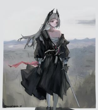 1girl absurdres arched_bangs arknights bare_shoulders black_dress black_gloves breasts chest_sarashi cleavage collarbone commentary dress earrings feet_out_of_frame front-seamed_legwear gloves grey_eyes grey_hair grey_pantyhose highres irene_(arknights) irene_(the_adjudicatrix_and_her_resolve)_(arknights) jewelry long_hair mourningrain_sr no_shirt off_shoulder official_alternate_costume outdoors pantyhose sarashi seamed_legwear sketch small_breasts solo sword twitter_username weapon wind