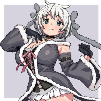 Rule 34 | 1girl, alternate breast size (larger), arm belt, azusa mifuyu, bare shoulders, belt, belt buckle, black belt, black collar, black gloves, border, bow, bowtie, breasts, buckle, cleavage, closed mouth, coattails, collar, collarbone, commentary request, cowboy shot, cross-laced vest, detached sleeves, dot nose, eyelashes, fur-trimmed hood, fur-trimmed jacket, fur-trimmed sleeves, fur trim, gem, gloves, gold buckle, grey background, grey bow, grey eyes, grey gem, grey jacket, grey shirt, grey sleeves, hair bow, hair horns, happy, hood, hood down, hooded jacket, huge breasts, jacket, light blush, long sleeves, magia record: mahou shoujo madoka magica gaiden, magical girl, mahou shoujo madoka magica, mahou shoujo madoka magica magia exedra, microskirt, open clothes, open jacket, outside of play area, pink bow, pink bowtie, pleated skirt, shirt, short hair, skirt, sleeveless, sleeveless jacket, smile, solo, standing, strapless, strapless shirt, tailcoat, tareme, thighs, usavivi777, white border, white hair, white skirt, wide sleeves