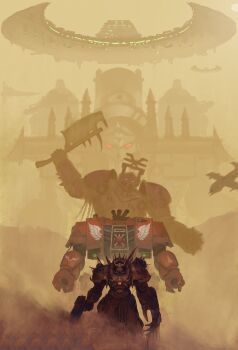 3boys absurdres adeptus_astartes aircraft airplane arm_cannon armor axe battle_axe blood blood_angels bloody_weapon bolter breastplate cannon chain chain_axe chaos_(warhammer) chaos_space_marine clawed_gauntlets collegia_titanica commentary day dreadnought_(warhammer_40k) dust dust_cloud english_commentary exhaust exhaust_pipe eyes_of_horus_(warhammer_40k) fake_horns fighter_jet from_behind full_armor gauntlets glowing glowing_eyes gun helmet highres holding holding_axe holding_weapon horned_helmet horns imperium_of_man looking_at_viewer mecha military military_vehicle multiple_boys necron outdoors pauldrons power_armor red_eyes robot science_fiction ship shoulder_armor shoulder_cannon sign_of_khorne solo spacecraft spiked_armor spikes standing terminator_armor thefearmaster warhammer_40k watercraft weapon