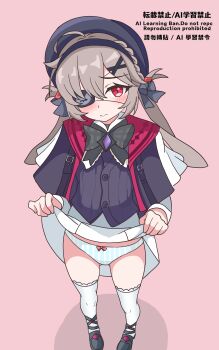 1girl absurdres ahoge arknights black_bow black_bowtie black_hat black_shirt black_shoes blue_panties blush bow bowtie brown_hair buttons closed_mouth clothes_lift commentary_request eggplant7217 eyepatch full_body hair_ornament hat highres hug lifting_own_clothes long_hair long_sleeves one_eye_covered panties partial_commentary pink_background popukar_(arknights) red_eyes shirt shoes simple_background skirt skirt_lift solo standing striped_clothes striped_panties thighhighs underwear vertical-striped_clothes vertical-striped_panties watermark white_panties white_skirt white_thighhighs x_hair_ornament