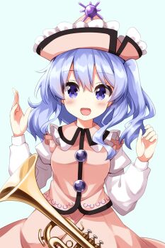 Rule 34 | 1girl, :d, blush, collared vest, commentary, cowboy shot, frilled hat, frilled shirt collar, frills, hands up, hat, highres, instrument, juliet sleeves, long sleeves, looking at viewer, medium hair, merlin prismriver, open mouth, pink hat, pink skirt, pink vest, puffy sleeves, purple eyes, purple hair, ruu (tksymkw), shirt, skirt, skirt set, smile, solo, touhou, trombone, vest, white shirt