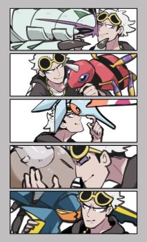 1boy absurdres ariados asymmetrical_eyewear bags_under_eyes black_hair border claws closed_eyes closed_mouth commentary_request eyewear_on_head gen_1_pokemon gen_2_pokemon gen_3_pokemon gen_7_pokemon golisopod grey_border guzma_(pokemon) hand_on_another's_face highres horns male_focus mandibles masquerain multicolored_hair multiple_views nintendo one_eye_closed open_mouth pinsir pokemon pokemon_(creature) pokemon_sm purple_eyes short_hair single_horn smile sunglasses team_skull two-tone_hair usano_(kagasimm) vikavolt white_hair yellow-framed_eyewear