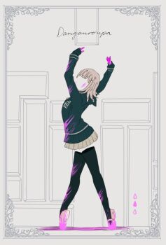 1girl arms_up ballerina blood brown_hair danganronpa_(series) danganronpa_2:_goodbye_despair flipped_hair hair_ornament highres hood invisible jacket kuiruri long_sleeves medium_hair nanami_chiaki open_clothes open_jacket pink_blood skirt solo tetris thighhighs