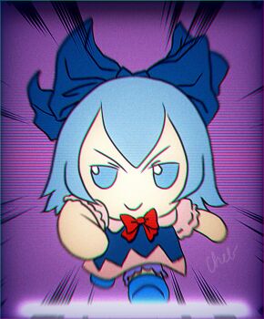 1girl blue_dress blue_eyes blue_footwear blue_hair bow chibi chromatic_aberration cirno commentary dress english_commentary fumo_(doll) highres medium_hair motion_lines red_bow running running_towards_viewer signature skullchimes solo speed_lines touhou v-shaped_eyebrows vhs_artifacts