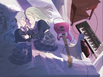 2girls ame_5000 bang_dream! bang_dream!_it&#039;s_mygo!!!!! black_ribbon black_shirt black_skirt blue_hair blush commentary_request electric_guitar eye_contact finger_to_another&#039;s_mouth from_above green_hair guitar hair_ornament hair_ribbon hairclip hand_on_another&#039;s_face highres holding_hands instrument interlocked_fingers keyboard_(instrument) long_hair looking_at_another multiple_girls on_bed plaid_clothes plaid_skirt pleated_skirt ribbon school_uniform shirt skirt socks togawa_sakiko togawa_sakiko&#039;s_doll tsukinomori_school_uniform two_side_up wakaba_mutsumi white_socks yellow_eyes