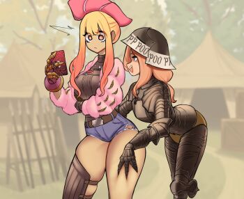 2girls armor blonde_hair breastplate caressing cellphone centurii-chan chaperon_hat ebenholz_(ironlily) gauntlets gyaru gyaru_landsknecht_(centurii-chan) hat helmet highres landsknecht long_hair multicolored_hair multiple_girls open_mouth original pauldrons phone pink_eyes short_shorts shorts shoulder_armor smartphone tent thighs tree vambraces yuri