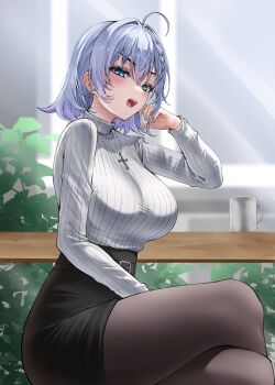 1girl ahoge belt black_belt black_pantyhose black_skirt blue_eyes blush breasts cross cross_necklace crossed_legs cup grey_hair high-waist_skirt highres jewelry large_breasts lds_(dstwins97) long_sleeves looking_at_viewer medium_hair necklace open_mouth original outdoors pantyhose revision ribbed_shirt shirt sitting skirt solo white_shirt