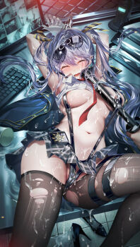 1boy 1girl absurdres aqua_hair armpits arms_up azur_lane baton_(weapon) black_skirt black_slingshot_swimsuit blush bound bound_wrists breasts chain-link_fence closed_eyes clothes_lift commentary_request computer computer_keyboard cuffs cum_on_legwear cup desk disposable_cup essex_(azur_lane) eyewear_on_head fence grey_skirt hair_between_eyes handcuffs high_heels highres holding_baton junpaku_karen large_breasts long_hair lying microskirt monitor navel necktie on_back on_desk on_table open_mouth pill plaid_clothes plaid_skirt red_necktie shirt shirt_lift shoes simulated_bukkake sitting skindentation skirt sleeveless sleeveless_shirt slingshot_swimsuit spill stomach suggestive_fluid sunglasses swimsuit swimsuit_under_clothes table tearing_up thick_thighs thighhighs thighs torn_clothes torn_thighhighs twintails underboob unworn_shoes very_long_hair walkie-talkie water weapon wet white_shirt