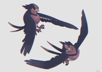 absurdres animal_focus bird chromatic_aberration commentary_request flying full_body gen_3_pokemon grey_background highres nintendo no_humans open_mouth ouran pokemon pokemon_(creature) simple_background swellow