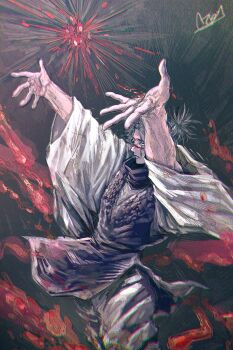Rule 34 | 1boy, absurdres, arms up, black hair, blood, choso (jujutsu kaisen), closed mouth, facial mark, floating clothes, hemokinesis, highres, jozpic, jujutsu kaisen, male focus, powering up, robe, short hair, signature, solo, standing, twintails, white robe