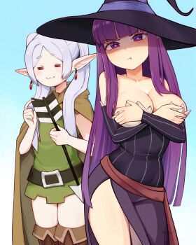 2girls :3 absurdres arrow_(projectile) boots cloak cosplay covering_breasts covering_privates dragon&#039;s_crown dress earrings elf elf_(dragon&#039;s_crown) elf_(dragon&#039;s_crown)_(cosplay) fern_(sousou_no_frieren) frieren glaring grey_hair hat highres jewelry large_hat long_hair multiple_girls partially_shaded_face pointy_ears pout purple_hair side_slit sorceress_(dragon&#039;s_crown) sorceress_(dragon&#039;s_crown)_(cosplay) sousou_no_frieren strapless strapless_dress sunset_nivaris thigh_boots thighs trait_connection twintails very_long_hair witch_hat