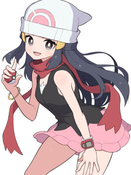 1girl beanie black_hair blue_hair blush boots bracelet breasts commentary_request dawn_(pokemon) grey_eyes hair_ornament hairclip hat hiyoshipow holding holding_poke_ball jewelry long_hair looking_at_viewer nintendo open_mouth pink_skirt poke_ball poke_ball_(basic) poke_ball_print poke_ball_symbol pokemon pokemon_dppt poketch red_scarf scarf shirt simple_background skirt sleeveless smile solo watch white_background white_hat wristwatch