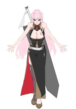 1girl bare_shoulders black_dress breasts cleavage daaku_(koizumi_arata) dragon_ball dragonball_z dress full_body highres hololive hololive_english large_breasts long_hair mori_calliope mori_calliope_(1st_costume) pink_eyes pink_hair simple_background sword sword_on_back virtual_youtuber weapon weapon_on_back white_background