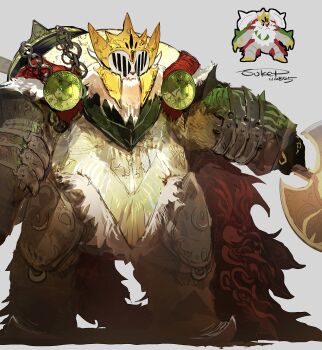 absurdres armor axe cape chesnaught dated gen_6_pokemon grey_background highres holding holding_axe mega_chesnaught nintendo personification pokemon pokemon_(creature) reference_inset shadow signature sukepmonster visor_(armor)