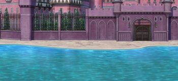 day fence game_cg gate lake lantern mansion misty_lake no_humans non-web_source official_art outdoors scarlet_devil_mansion scenery shore touhou touhou_gensou_eclipse water