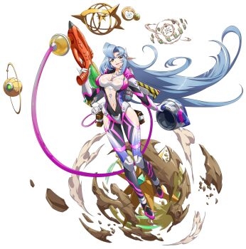 1girl :d astronaut belt_pouch blue_hair bodysuit bra breasts center_opening cleavage clothing_cutout curtained_hair dust_cloud elf energy_gun floating floating_hair floating_object full_body game_cg hair_ornament helmet highres holding holding_ray_gun holding_unworn_helmet holding_weapon huge_breasts jetpack langrisser langrisser_mobile long_hair long_sidelocks looking_at_viewer multicolored_bodysuit navel nemia_(langrisser) official_alternate_costume official_art open_clothes open_mouth open_shirt parted_bangs pointy_ears pouch ray_gun satellite_dish second-party_source shiny_skin sidelocks simple_background smile solo space space_helmet spacesuit sweat tachi-e thigh_cutout transparent_background underwear unworn_headwear unworn_helmet very_long_hair weapon white_bra yellow_eyes