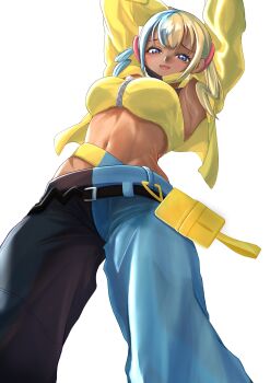 1girl absurdres arms_up bandeau blonde_hair blue_eyes blue_hair canari_(pokemon) highres jacket looking_at_viewer multicolored_hair navel nintendo open_mouth pokemon pokemon_legends:_z-a short_twintails split-color_clothes split-color_hair tkm-kagepuro twintails yellow_bandeau yellow_jacket