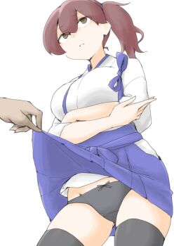 1boy 1girl akara_kai black_panties black_thighhighs blue_hakama blush breasts brown_eyes brown_hair clothes_lift hakama hakama_short_skirt hakama_skirt highres japanese_clothes kaga_(kancolle) kantai_collection large_breasts long_hair looking_at_another out_of_frame panties short_side_ponytail side_ponytail skirt skirt_lift solo thighhighs underwear