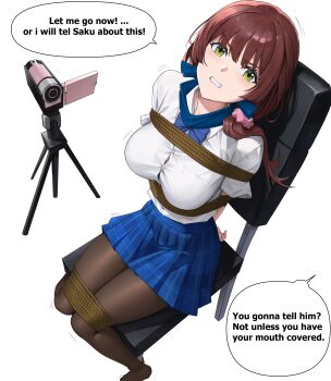 1girl absurdres black_pantyhose blue_skirt bound breasts brown_hair chair chitose-kun_wa_ramune_bin_no_naka clenched_teeth commission english_text glaring green_eyes highres iqbqlz kidnapped looking_at_viewer pantyhose restrained shirt simple_background sitting skirt speech_bubble teeth tied_to_chair uchida_yua white_background white_shirt