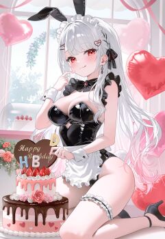 1girl :q animal_ears apron balloon bare_shoulders black_leotard black_shoes braid breasts cake cleavage closed_mouth clothing_cutout cutout_above_navel detached_collar fake_animal_ears food frilled_thigh_strap frills fymrie gradient_hair hair_ribbon hanamiya_rica hand_up happy_birthday heart_balloon high_heels highleg highleg_leotard highres indie_virtual_youtuber kneeling leotard long_hair looking_at_viewer maid_apron maid_headdress medium_breasts mole mole_under_eye multicolored_hair rabbit_ears red_eyes ribbon shoes smile solo strapless strapless_leotard thigh_strap thighs tongue tongue_out very_long_hair virtual_youtuber waist_apron white_hair wrist_cuffs