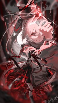 1girl alternate_color black_boots boots chayo_bababa closed_mouth commentary_request evil_smile fire full_body grey_hair hat highres holding japanese_clothes kariginu long_hair long_sleeves mononobe_no_futo ponytail red_eyes red_skirt ribbon-trimmed_sleeves ribbon_trim skirt smile solo tate_eboshi touhou wide_sleeves