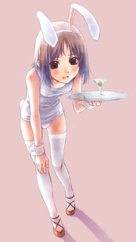 Rule 34 | 1girl, animal ears, blush, brown eyes, brown hair, cocktail glass, cup, drinking glass, hand on own knee, holding, holding tray, leaning forward, looking at viewer, mary janes, nyaou, one-piece swimsuit, open mouth, original, perspective, playboy bunny, rabbit ears, school swimsuit, shoes, simple background, smile, solo, swimsuit, thighhighs, tray, white one-piece swimsuit, white thighhighs, wrist cuffs
