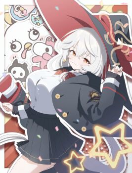 blue_archive bow bowtie braid breasts earrings eri_(blue_archive) gun halo hat highres jacket jewelry kaerunrun large_breasts long_coat long_hair orange_eyes peroro_(blue_archive) ring shirt skirt star sweater thighs weapon white_hair witch_hat