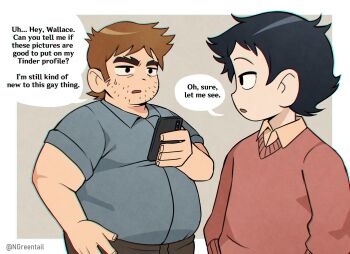 2boys alternate_body_size bara big_belly brown_hair cowboy_shot english_text facial_hair fat fat_man forked_eyebrows highres male_focus medium_sideburns multiple_boys nifast_(greentail) scott_pilgrim_(series) scott_pilgrim_takes_off short_hair sideburns_stubble sparse_stubble speech_bubble standing stephen_stills stubble thick_eyebrows tinder wallace_wells