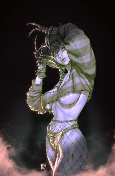 1girl a_nightmare_on_elm_street absurdres braid breasts claw_(weapon) claws commentary english_commentary fishnets freddy_krueger genderswap genderswap_(mtf) gloves hat highres kyu_yong_eom long_hair long_sleeves single_braid solo striped_clothes striped_sweater sweater torn_clothes underboob weapon