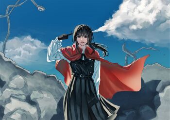 1girl absurdres black_dress black_eyes black_gloves black_hair blue_sky cape chainsaw_man cloud cloudy_sky day dress eananaia finger_gun finger_gun_to_head gloves highres long_hair looking_at_viewer mitaka_asa open_mouth pinafore_dress red_cape shirt sky sleeveless sleeveless_dress solo sweatdrop white_shirt