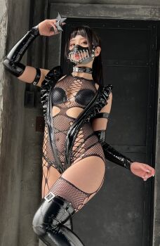 1girl adapted_costume asian bare_shoulders black_hair black_leotard breasts fingernails highleg highleg_leotard highres holding holding_weapon japanese_(nationality) ninja leotard lips long_hair looking_at_viewer mask model mouth_mask ninja photo_(medium) revealing_clothes ririkana shuriken small_breasts solo standing standing_on_one_leg thighhighs thong_leotard weapon