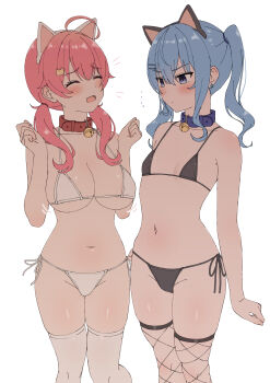 2girls absurdres ahoge animal_ears anime_coloring areola_slip bell bikini black_bikini blue_collar blue_hair blush breast_envy breasts cat_ears closed_eyes closed_mouth collar commentary_request fake_animal_ears fishnet_thighhighs fishnets flat_chest halterneck hands_up highres hololive hoshimachi_suisei large_breasts long_hair low_twintails micro_bikini multiple_girls navel neck_bell norigure18 open_mouth pear-shaped_figure pink_hair red_collar sakura_miko side-tie_bikini_bottom side_ponytail stomach string_bikini swimsuit thighhighs thighs twintails underboob v-shaped_eyebrows virtual_youtuber white_bikini white_thighhighs