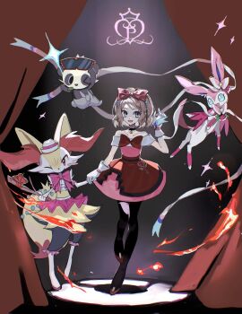 >_o 1girl 2girls animal_ear_fluff animal_ears bell black_choker black_eyes black_fur black_thighhighs blonde_hair blue_eyes blush_stickers body_fur bow bowtie braixen bright_pupils choker clothed_pokemon commentary curtains dress eyewear_on_head fire fox_ears fox_girl fox_tail full_body furry furry_female gen_6_pokemon gloves grey_background highres holding holding_stick looking_at_another looking_at_viewer multicolored_fur multiple_girls neck_bell neck_fur nintendo official_alternate_costume one_eye_closed open_mouth pancham pink_bow pink_bowtie pink_dress pink_fur pokemon pokemon_(anime) pokemon_(creature) pokemon_xy pokemon_xy_(anime) red_bow red_eyes red_shoes ribbon ru_oo0o serena_(pokemon) shoes short_hair simple_background single_blush_sticker snout socks standing stick sylveon symbol-only_commentary tail thighhighs white_fur white_gloves white_pupils white_socks yellow_fur