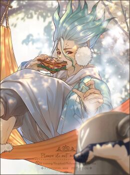 1boy blue_hair blue_jacket blurry blurry_foreground bread c0r0ri_man coffee_pot crossed_legs dr._stone earmuffs eating food gradient_hair green_hair grey_hoodie hammock highres holding holding_food hood hood_down hoodie ishigami_senkuu jacket looking_at_viewer male_focus multicolored_hair nanami_ryuusui pants red_eyes sandwich sitting solo_focus spiked_hair tree