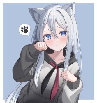 1girl animal_ear_fluff animal_ears black_neckerchief blue_background blue_eyes blush border cat_ears cat_girl clenched_hands closed_mouth double-parted_bangs gradient_hoodie grey_hoodie hair_between_eyes hands_up hood hood_down hoodie kemonomimi_mode leaning_to_the_side long_hair long_sleeves looking_at_viewer multicolored_neckerchief neckerchief paw_pose paw_print project_sekai puffy_long_sleeves puffy_sleeves raised_inner_eyebrows red_neckerchief simple_background sleeve_cuffs solo split_mouth spoken_paw_print straight_hair two-tone_neckerchief upper_body very_long_hair white_border white_hair yoisaki_kanade yoromimi_yu