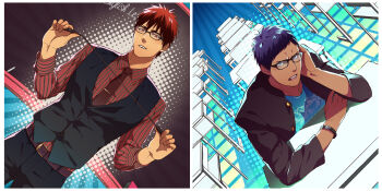 2boys aomine_daiki bespectacled blue_hair chalkboard dark-skinned_male dark_skin desk formal_clothes gakuran glasses kagami_taiga kuroko_no_basuke male_focus multiple_boys necktie red_hair riding_crop school_uniform switch teacher teacher_and_student vest waistcoat zawar379