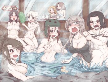 Rule 34 | aged up, aki (girls und panzer), alternate breast size, alternate hair length, alternate hairstyle, amaretto (girls und panzer), breasts, brown hair, commentary request, fda yoshifu, fukuda haru, girls und panzer, girls und panzer little army, grey hair, hair down, helmet, helmet-chan (girls und panzer), nina (girls und panzer), nude, one-piece swimsuit, onsen, orange hair, orange pekoe (girls und panzer), pulling another's clothes, sawa azusa, sheska (girls und panzer), swimsuit, translation request, white hair