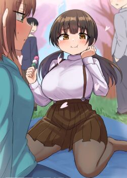 Rule 34 | 2boys, 2girls, black pantyhose, black skirt, blue shirt, breasts, brown hair, commentary request, dango, day, eating, food, hanami, highres, huge breasts, large breasts, long sleeves, low twintails, multiple boys, multiple girls, oppai loli, original, outdoors, pantyhose, picnic blanket, senshiya, shirt, sitting, skirt, suspenders, twintails, wagashi, white shirt