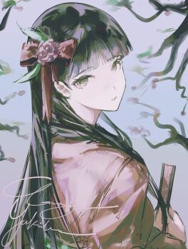 1girl amagi_yukiko black_eyes black_hair blunt_bangs bow branch character_name commentary_request folded_fan folding_fan from_behind hair_bow hand_fan highres holding holding_fan japanese_clothes k1kiwa kimono long_hair looking_at_viewer looking_back own_hands_together parted_lips persona persona_4 pink_bow pink_kimono pink_petals portrait solo