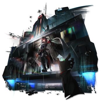 1girl 1other absurdres arknights belt belt_pouch black_bodysuit black_boots black_coat blue_fire body_armor bodysuit boots building city_lights cityscape coat crownslayer_(arknights) crownslayer_(the_dark_night_terminator)_(arknights) drone fire flying full_body glitch highres holding holding_sword holding_weapon hood hooded_coat hyena_ears hyena_girl hyena_tail looking_at_viewer looking_down multiple_belts night night_vision_device non-humanoid_robot official_alternate_costume official_art open_clothes open_coat optical_camouflage outdoors pouch pov rain reaching reaching_towards_another red_hair red_tail robot robot_animal sheath skyscraper solo standing sword takeoff third-party_source transparent_background v-shaped_eyebrows vtol weapon zhili_xingzou